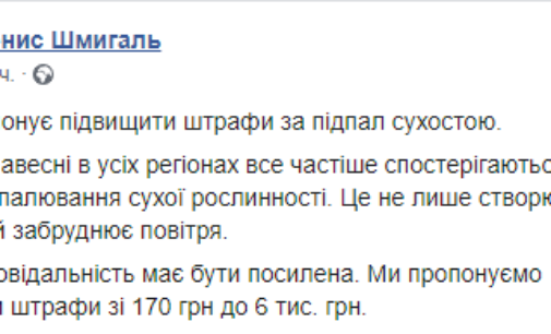 Кабмин предлагает увеличить штрафы за поджог сухостоя, – Шмыгаль